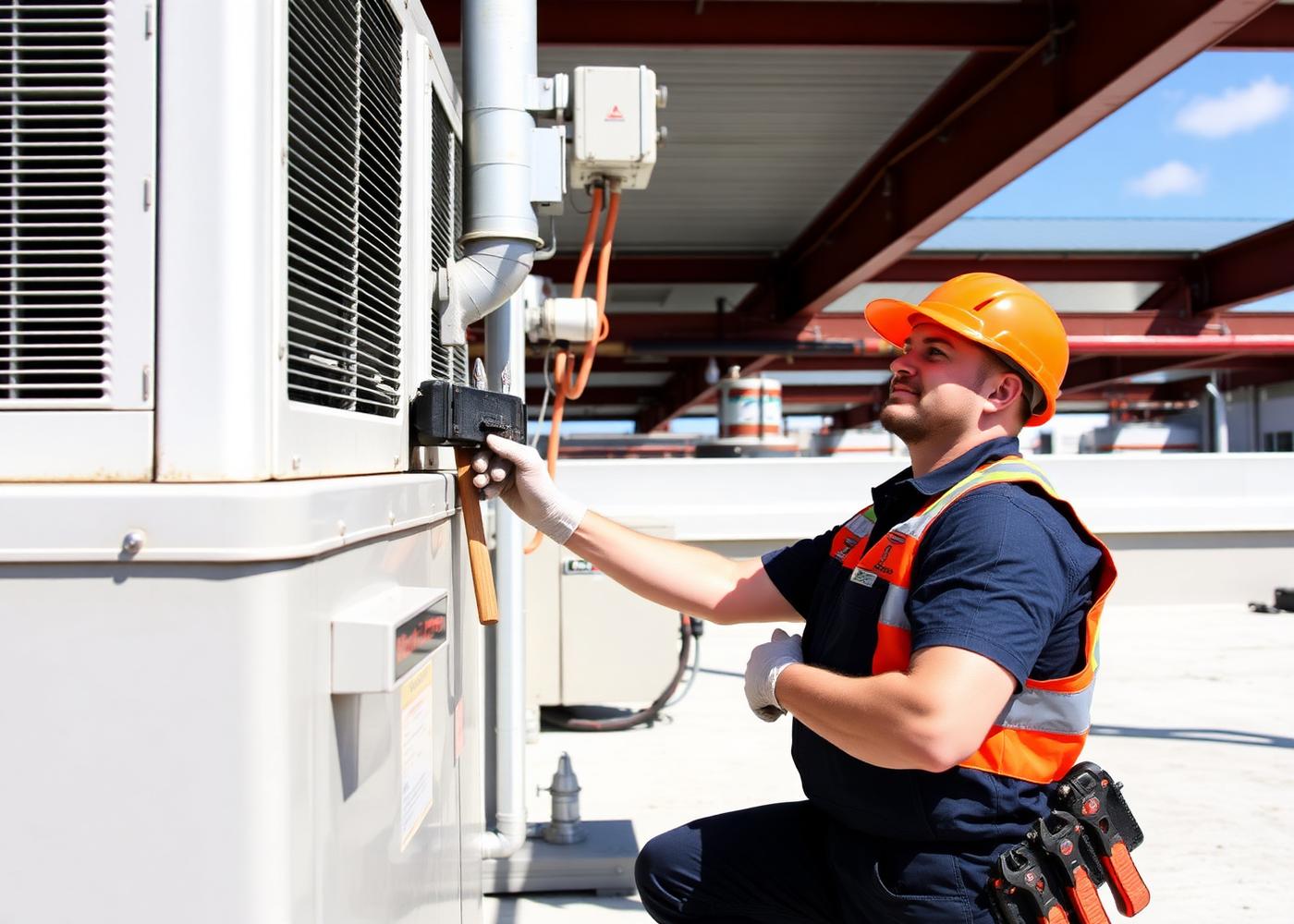 Technician servicing commercial HVAC equipment